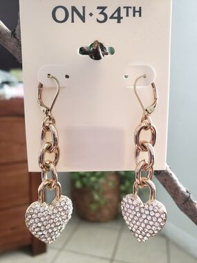 On 34th Gold Chain Drop Earrings with Pavé Heart Accents